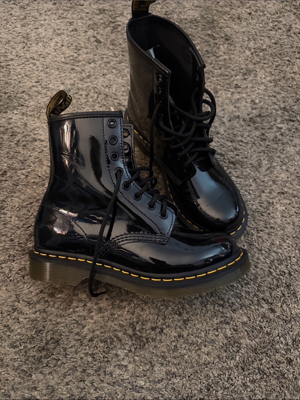 Dr. Martens Black Patent 8-Eye Lace-Up Boots with Yellow Stitching